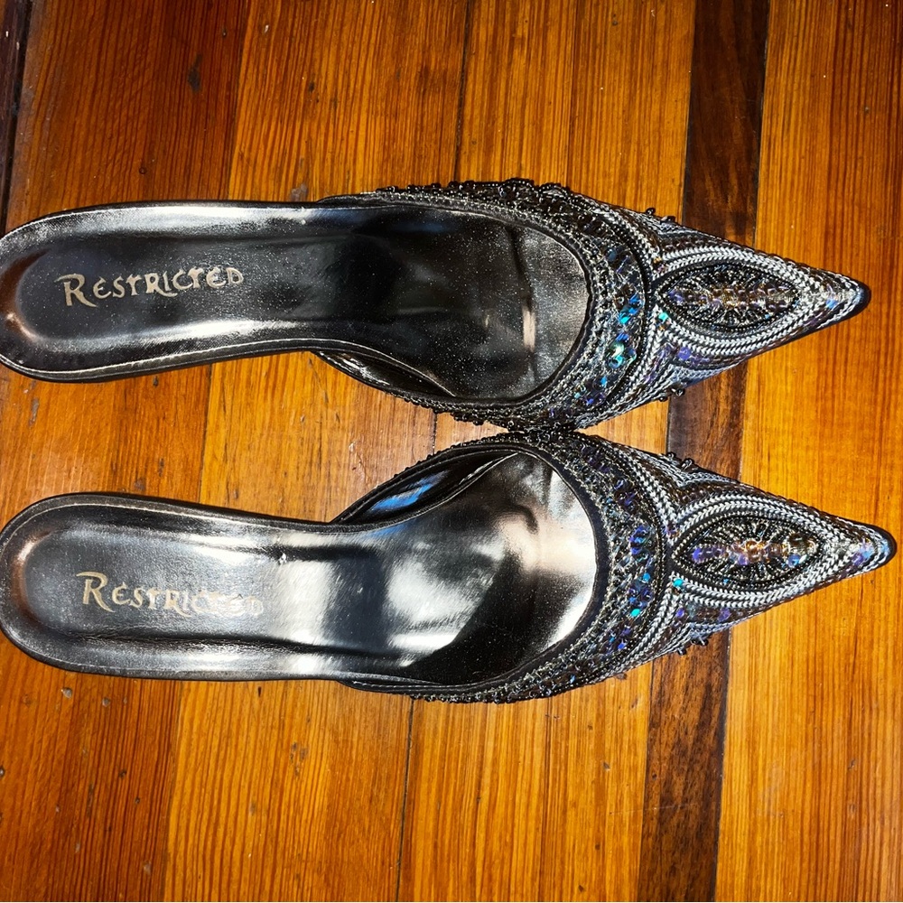 Restricted Black Kitten Heel Mules